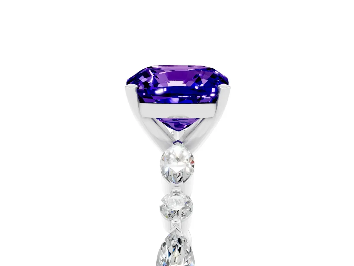 Cushion Cut Tanzanite Ring with Marquise and Round Side Stones and Four-Prong Setting Silver