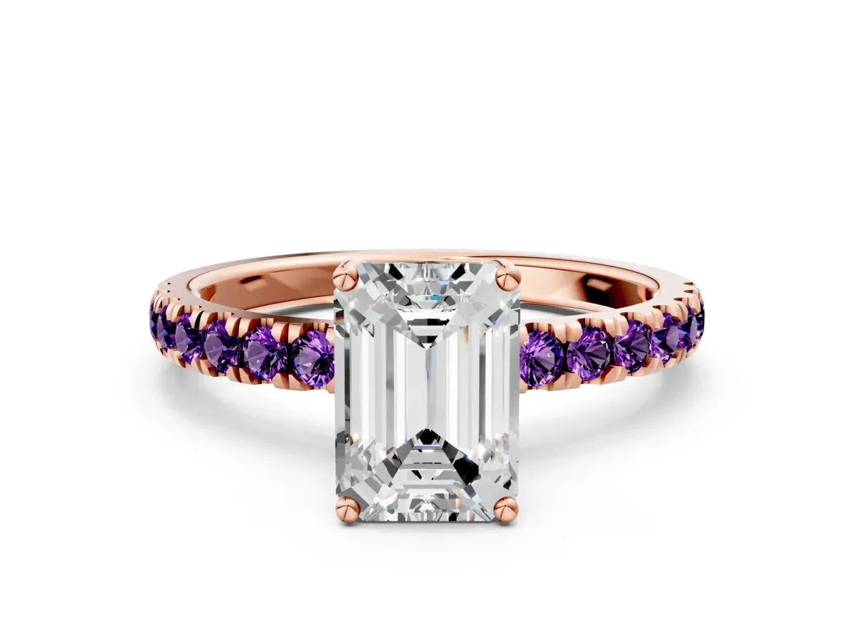 Emerald Cut Diamond Pave Band Solitaire Ring with Round Amethyst and Prong Setting Rose gold