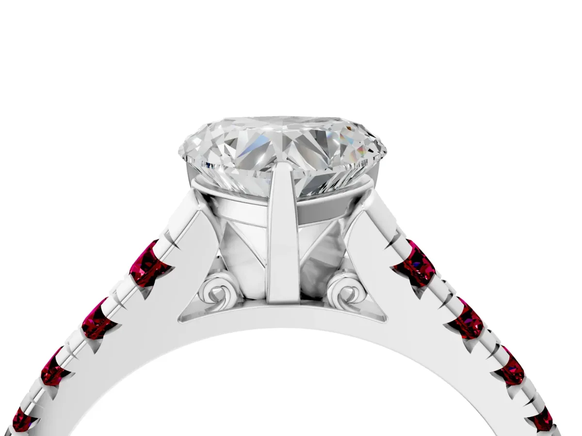 Heart Cut Diamond Cathedral Solitaire Ring with Round Garnet Pavé Band Silver
