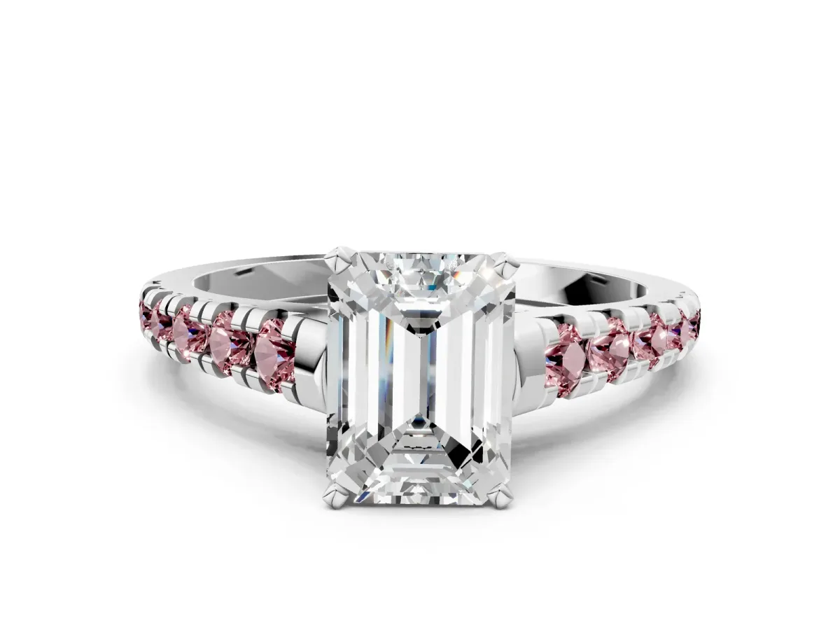 Emerald Cut Diamond Cathedral Solitaire Ring with Round Morganite Pavé Band Platinum