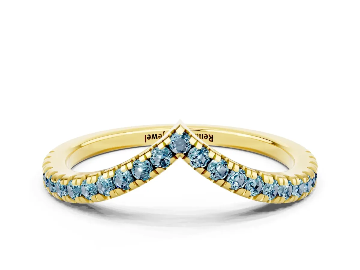 Pavé Round Aquamarine V-Shaped Chevron Band with Shared Prong Setting Yellow gold