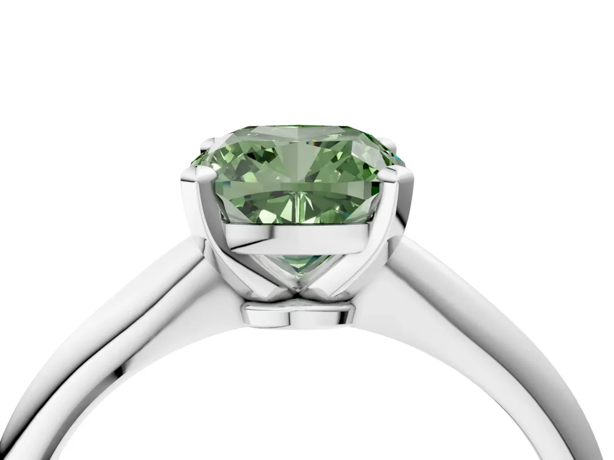 Fancy Green Cushion Cut Diamond Solitaire Engagement Ring with Classic Band and Four-Prong Setting Silver