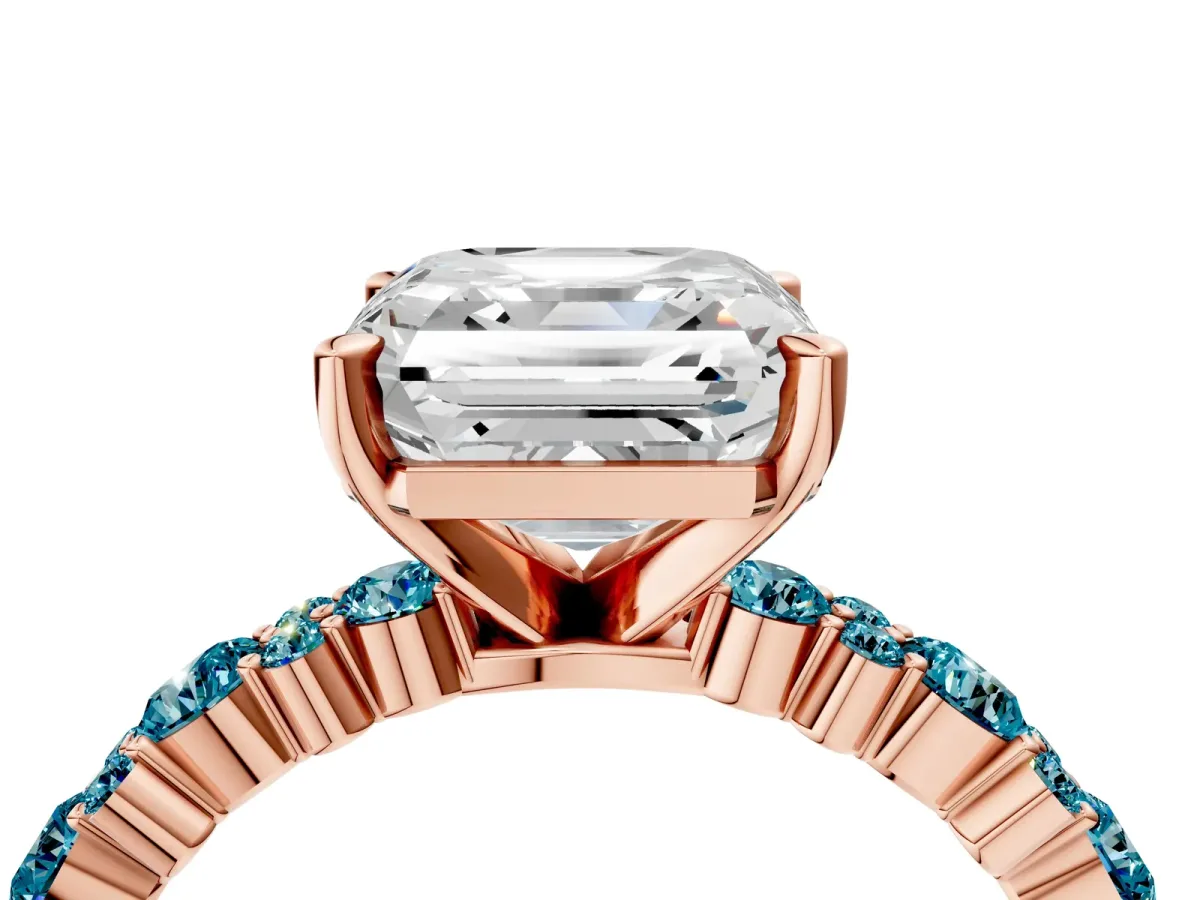 Asscher Cut Diamond Side Stone Solitaire Ring with Round Blue Topaz and Four-Prong Setting Rose gold