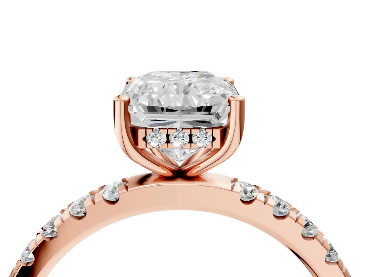 Radiant Cut Diamond Pave Band Solitaire Ring with Round and Prong Setting Rose gold