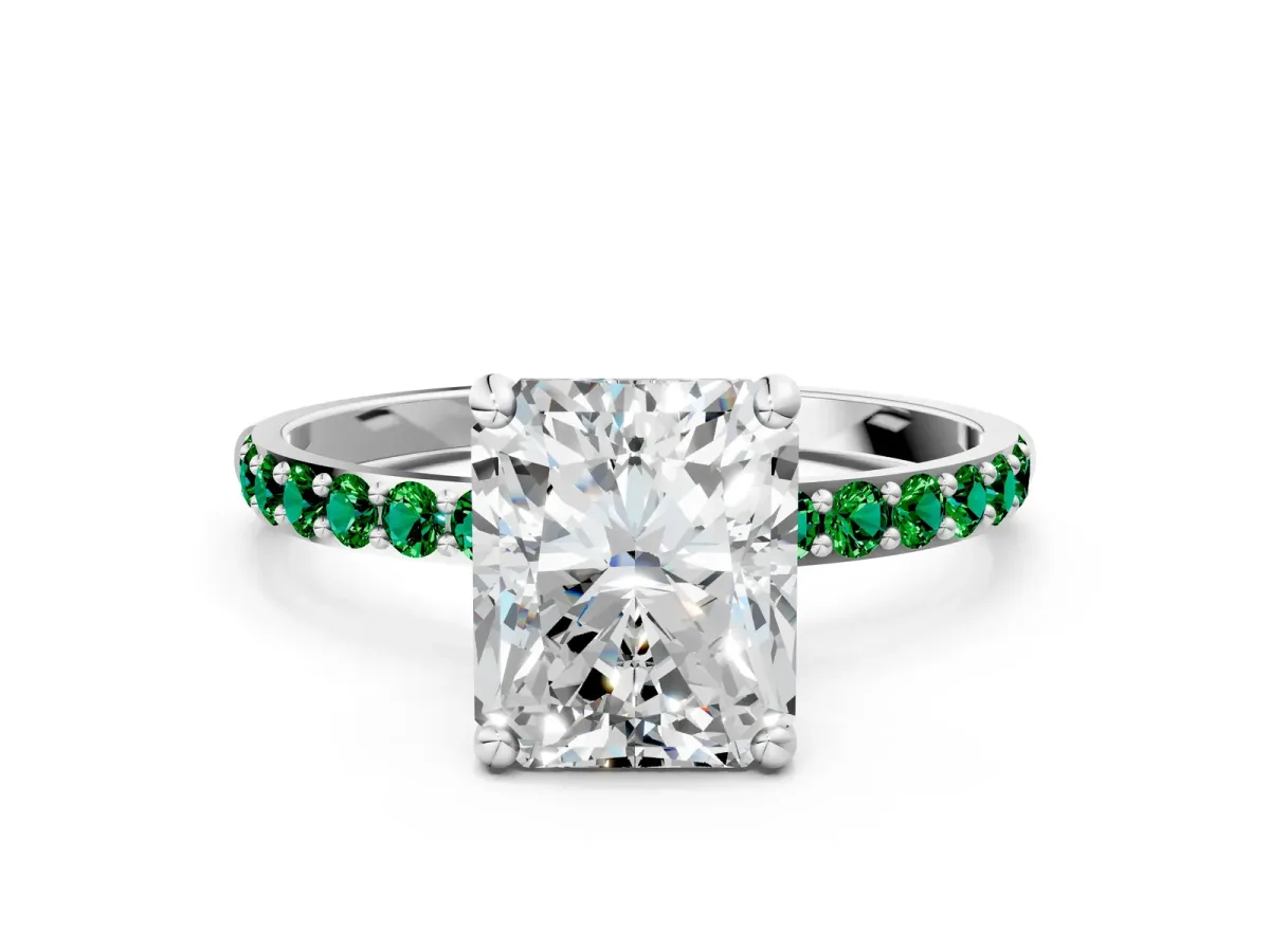 Radiant Cut Diamond Solitaire Ring with Round Emerald Pavé Band and Prong Setting Silver