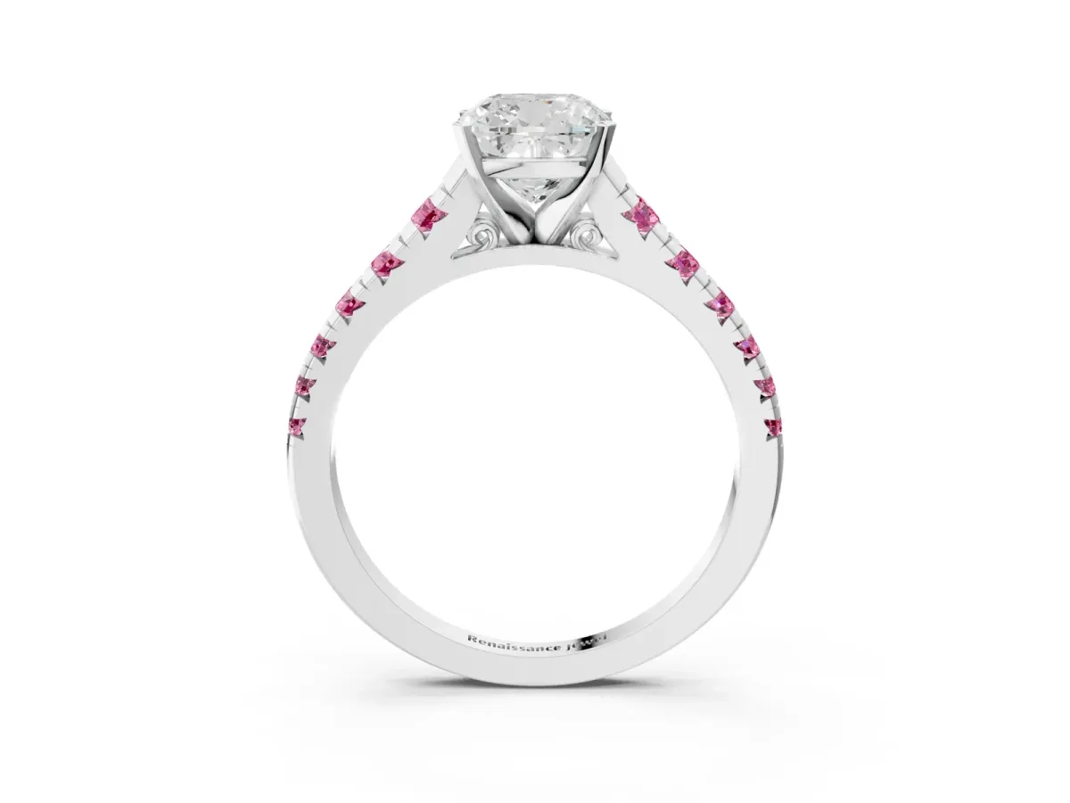 Cushion Cut Diamond Cathedral Solitaire Ring with Round Pink Sapphire Pavé Band Silver