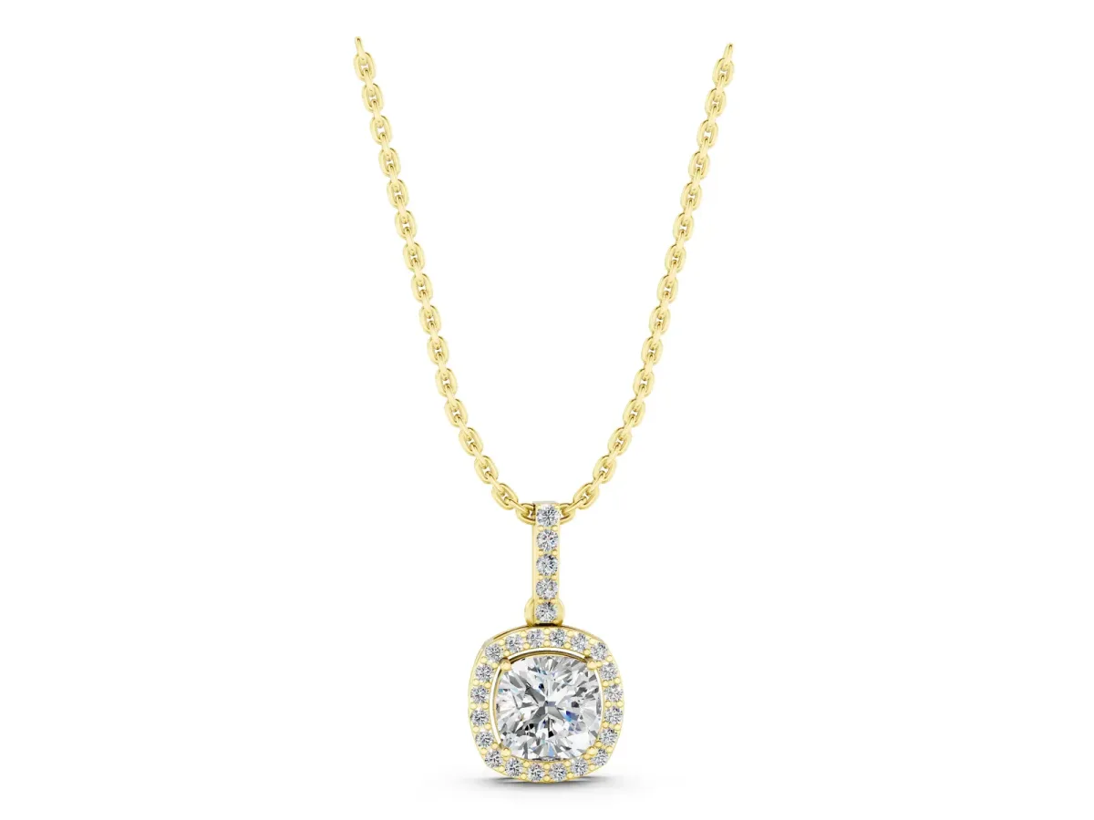 Cushion Halo Diamond Pendant with Prong Setting Yellow gold
