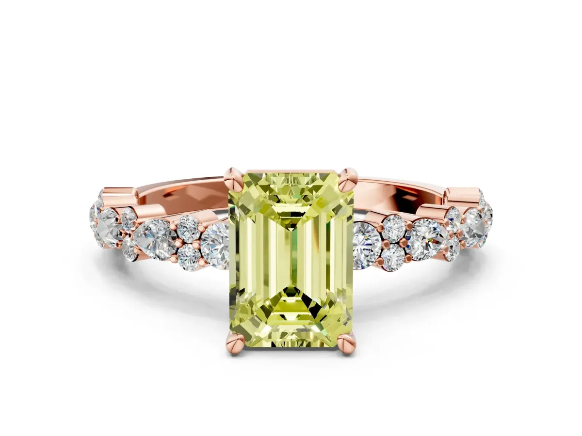 Fancy Yellow Emerald Cut Diamond Side Stone Solitaire Ring with Round and Four-Prong Setting Rose gold