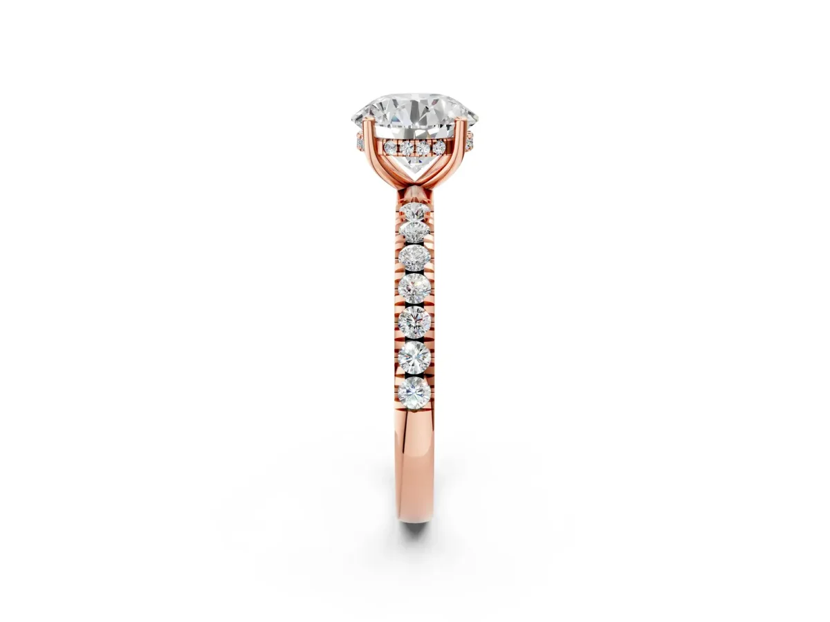 Round Cut Diamond Pave Band Solitaire Ring with Round and Prong Setting Rose gold