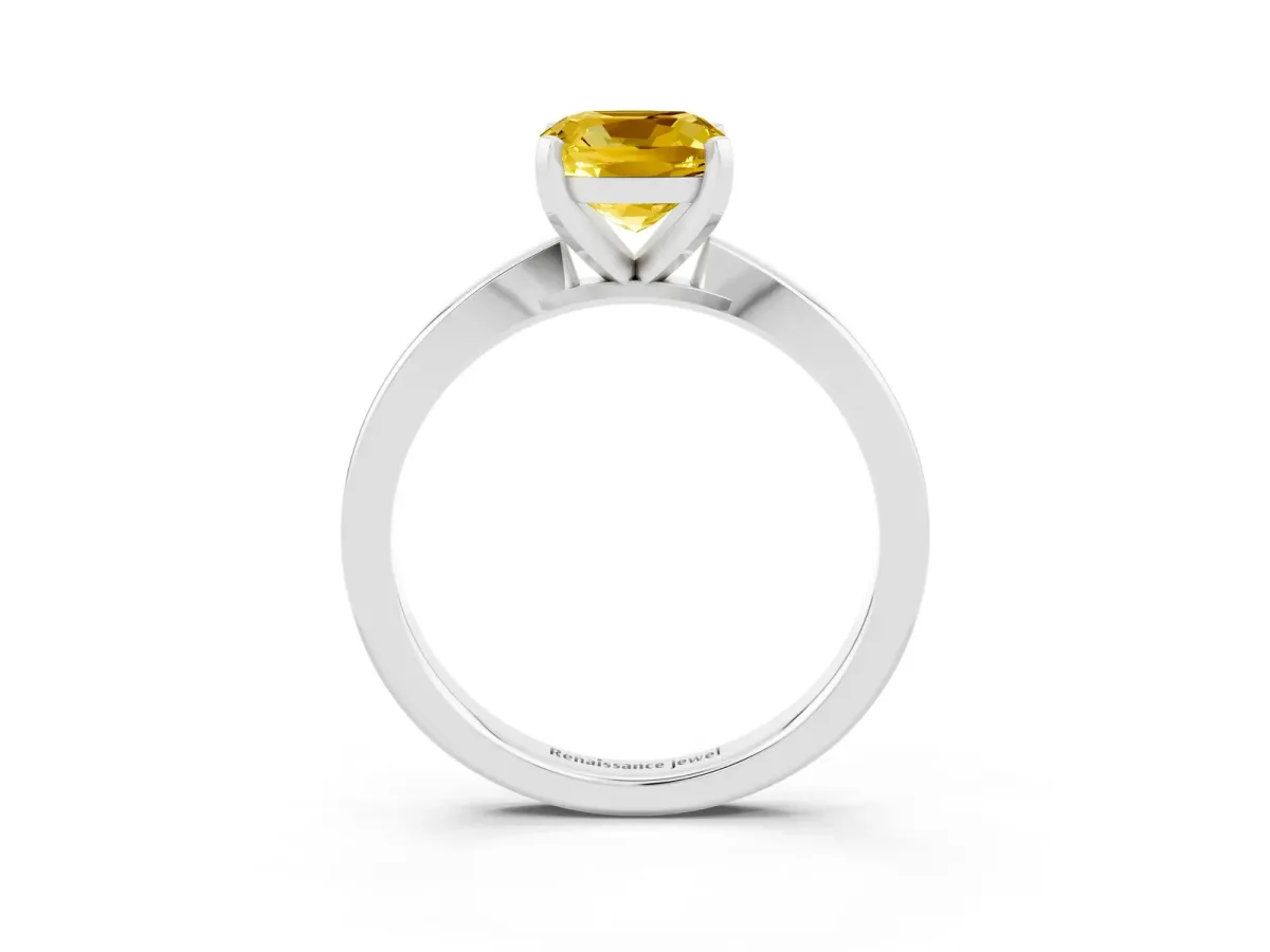 Cushion Cut Yellow Sapphire Solitaire Engagement Ring with Classic Band and Four-Prong Setting Silver