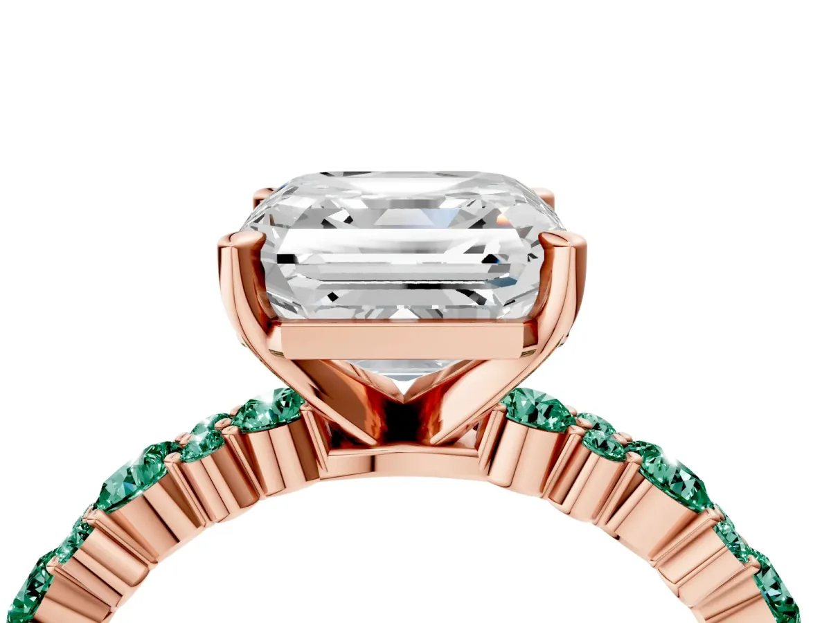 Asscher Cut Diamond Side Stone Solitaire Ring with Round Green Sapphire and Four-Prong Setting Rose gold