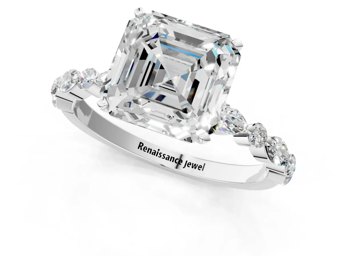 Asscher Cut Diamond Ring with Marquise and Round Moissanite Side Stones and Four-Prong Setting Silver