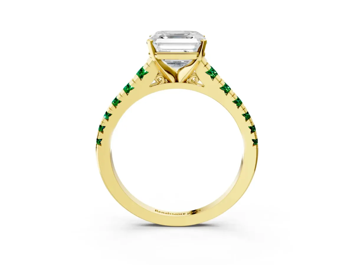 Asscher Cut Diamond Cathedral Solitaire Ring with Round Emerald Pavé Band Yellow gold