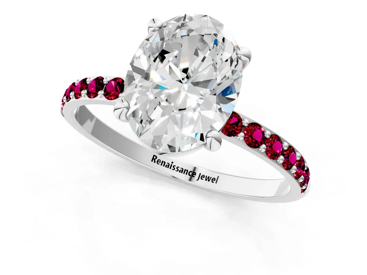 Oval Cut Diamond Solitaire Ring with Round Garnet Pavé Band and Prong Setting Platinum