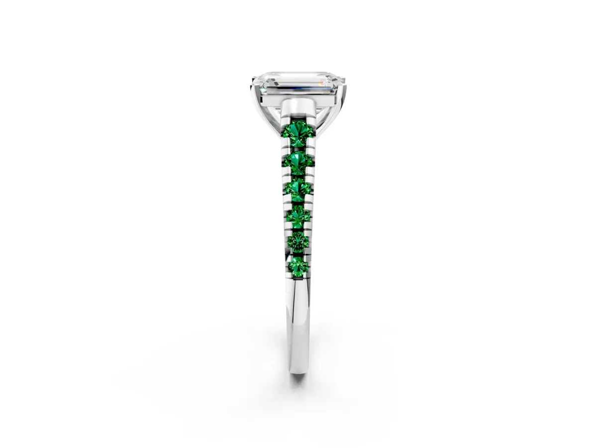 Emerald Cut Diamond Cathedral Solitaire Ring with Round Emerald Pavé Band White gold