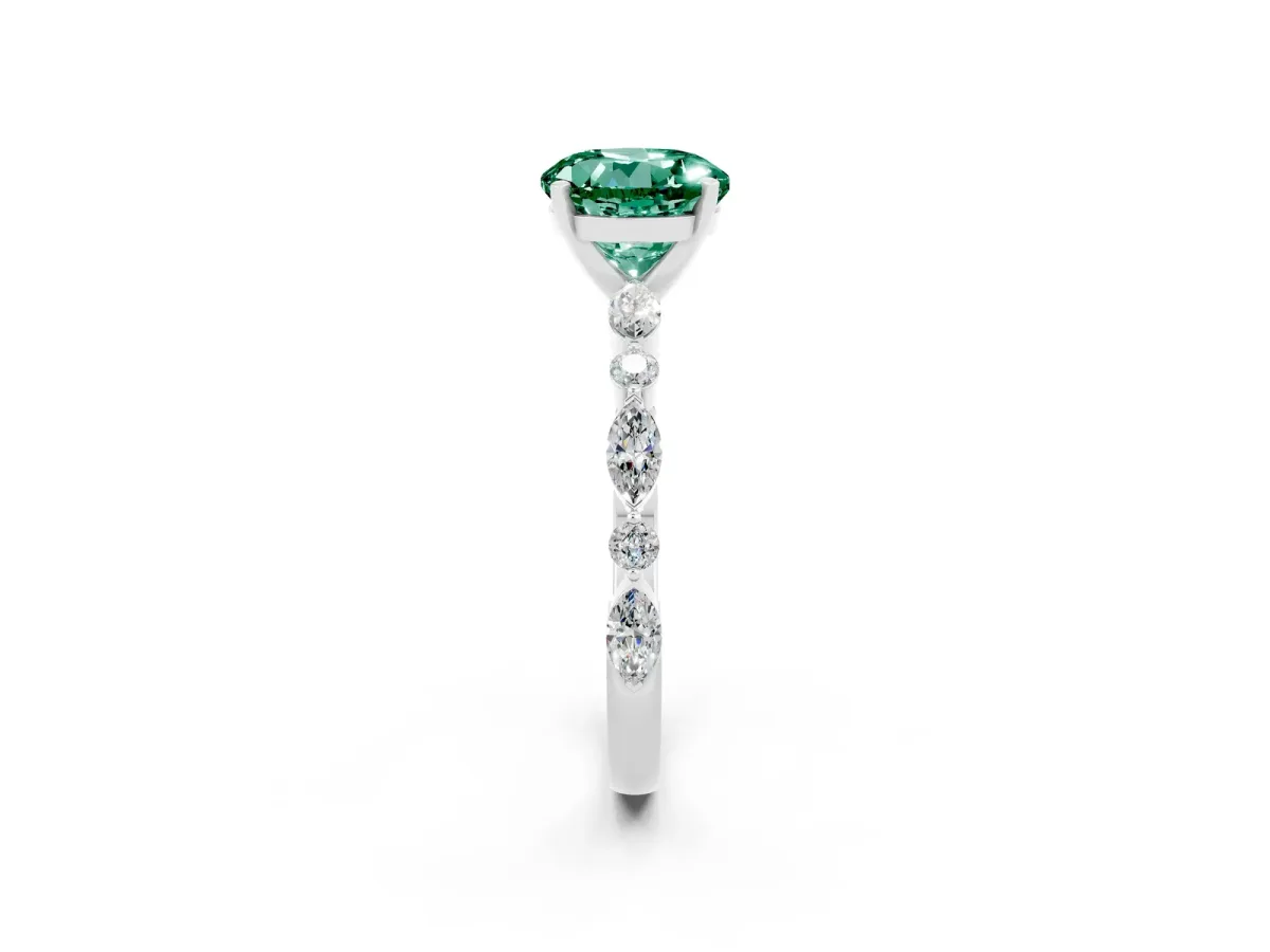 Round Cut Green Sapphire Ring with Marquise and Round Side Stones and Four-Prong Setting Silver