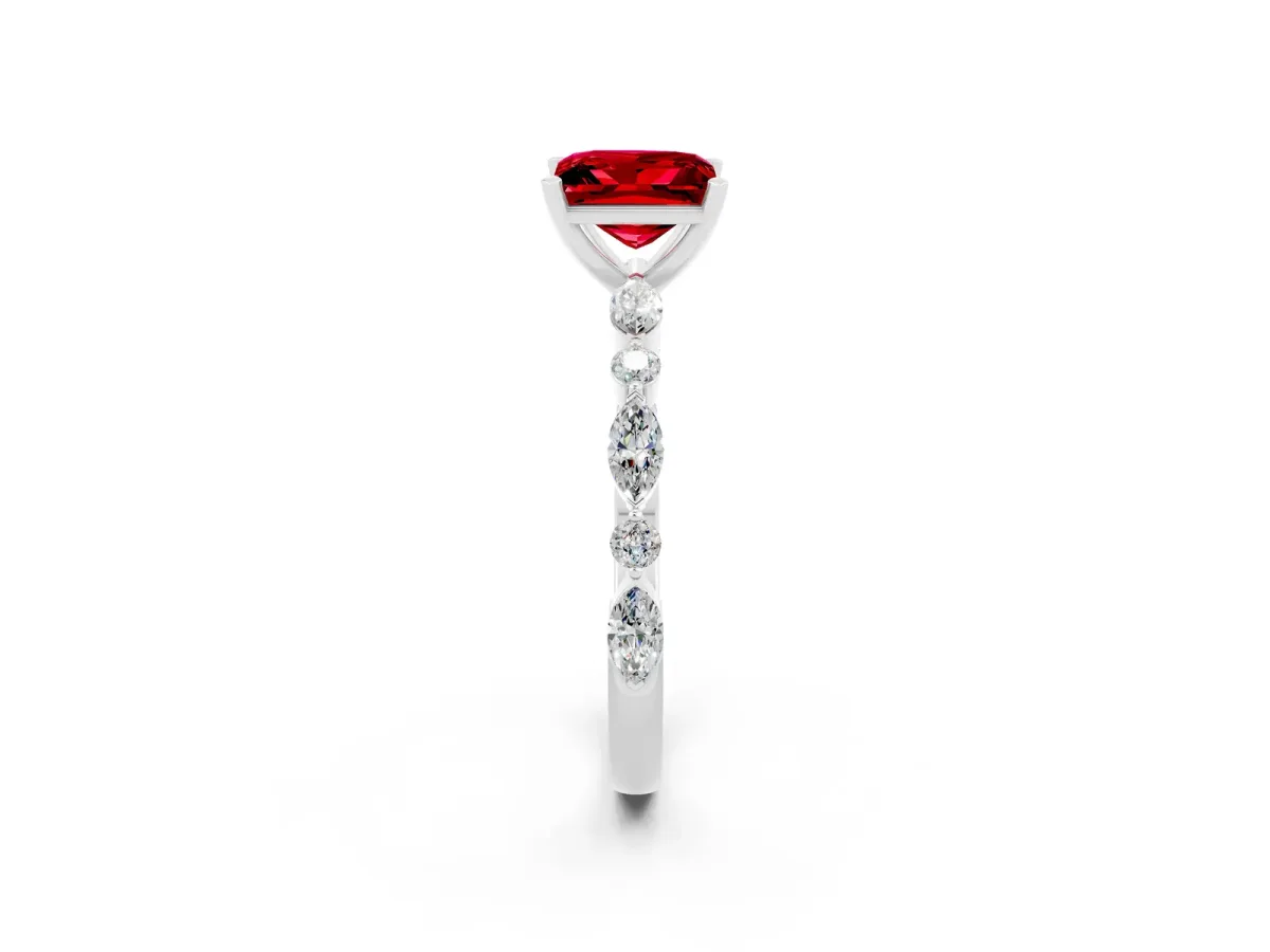 Princess Cut Ruby Ring with Marquise and Round Side Stones and Four-Prong Setting Silver