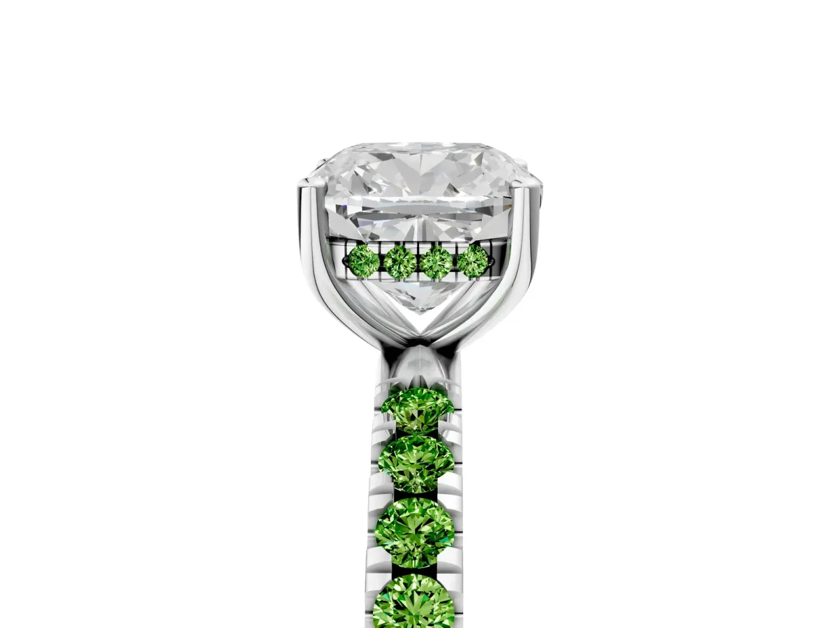Cushion Cut Diamond Pave Band Solitaire Ring with Round Peridot and Prong Setting Silver
