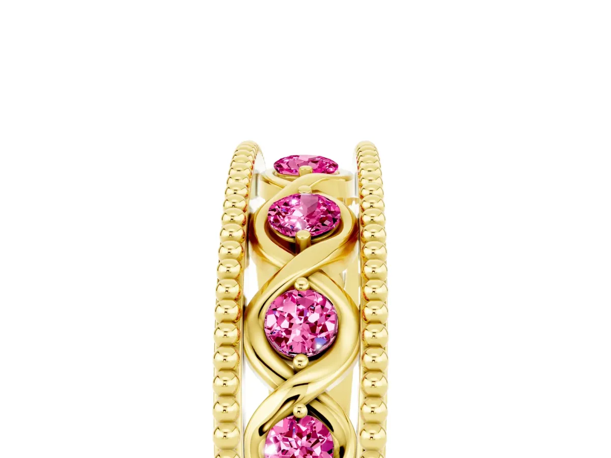Round Pink Sapphire Twist Milgrain Band with Bezel Setting Yellow gold