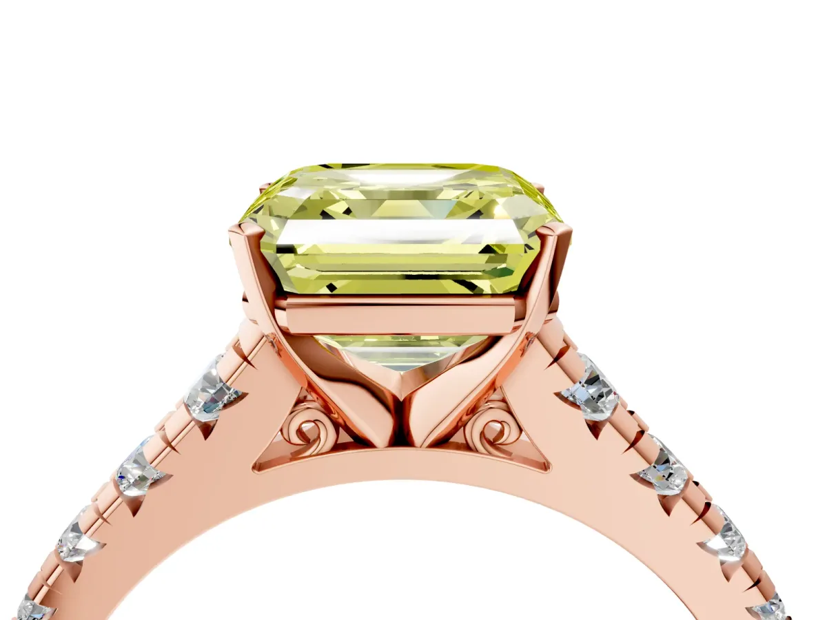 Fancy Yellow Asscher Cut Diamond Cathedral Solitaire Ring with Round Pavé Band Rose gold