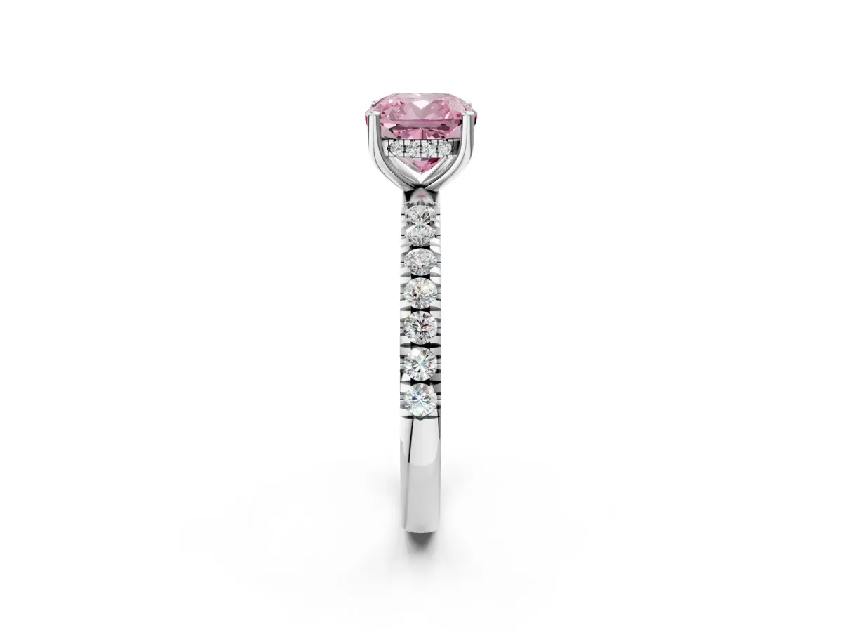 Fancy Pink Cushion Cut Diamond Pave Band Solitaire Ring with Round and Prong Setting Platinum