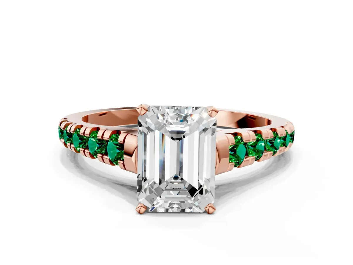 Emerald Cut Diamond Cathedral Solitaire Ring with Round Emerald Pavé Band Rose gold