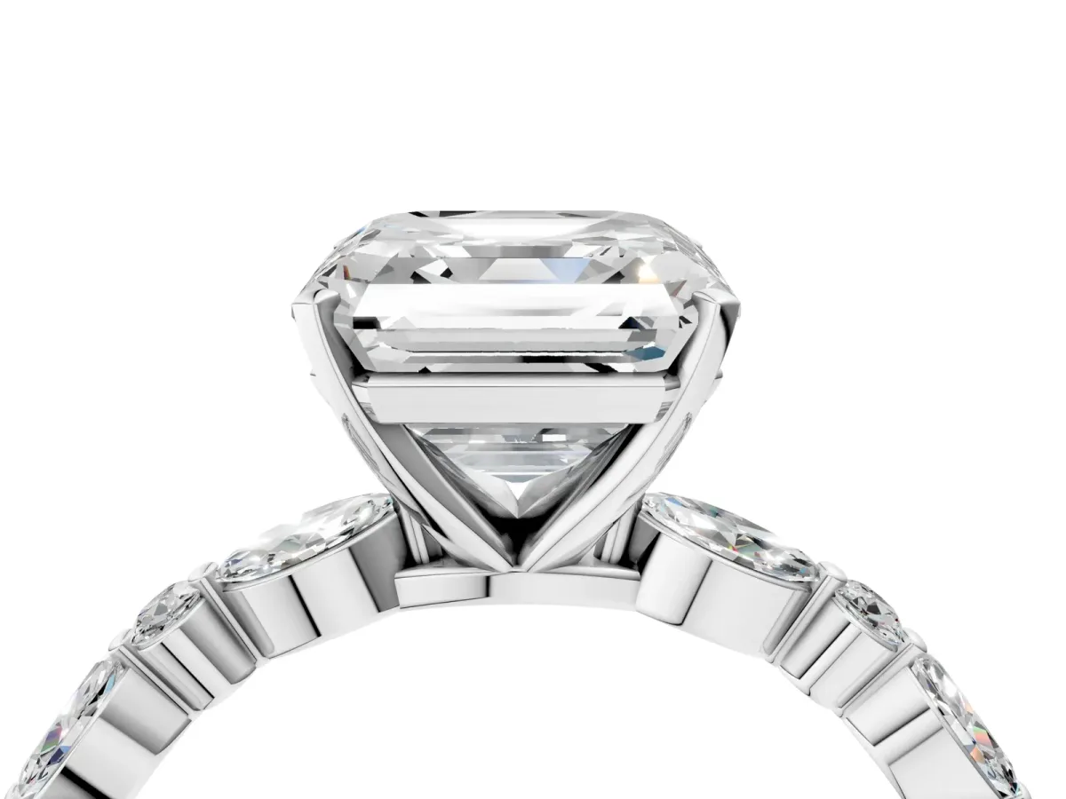 Asscher Cut Diamond Ring with Marquise and Round Moissanite Side Stones and Four-Prong Setting Silver