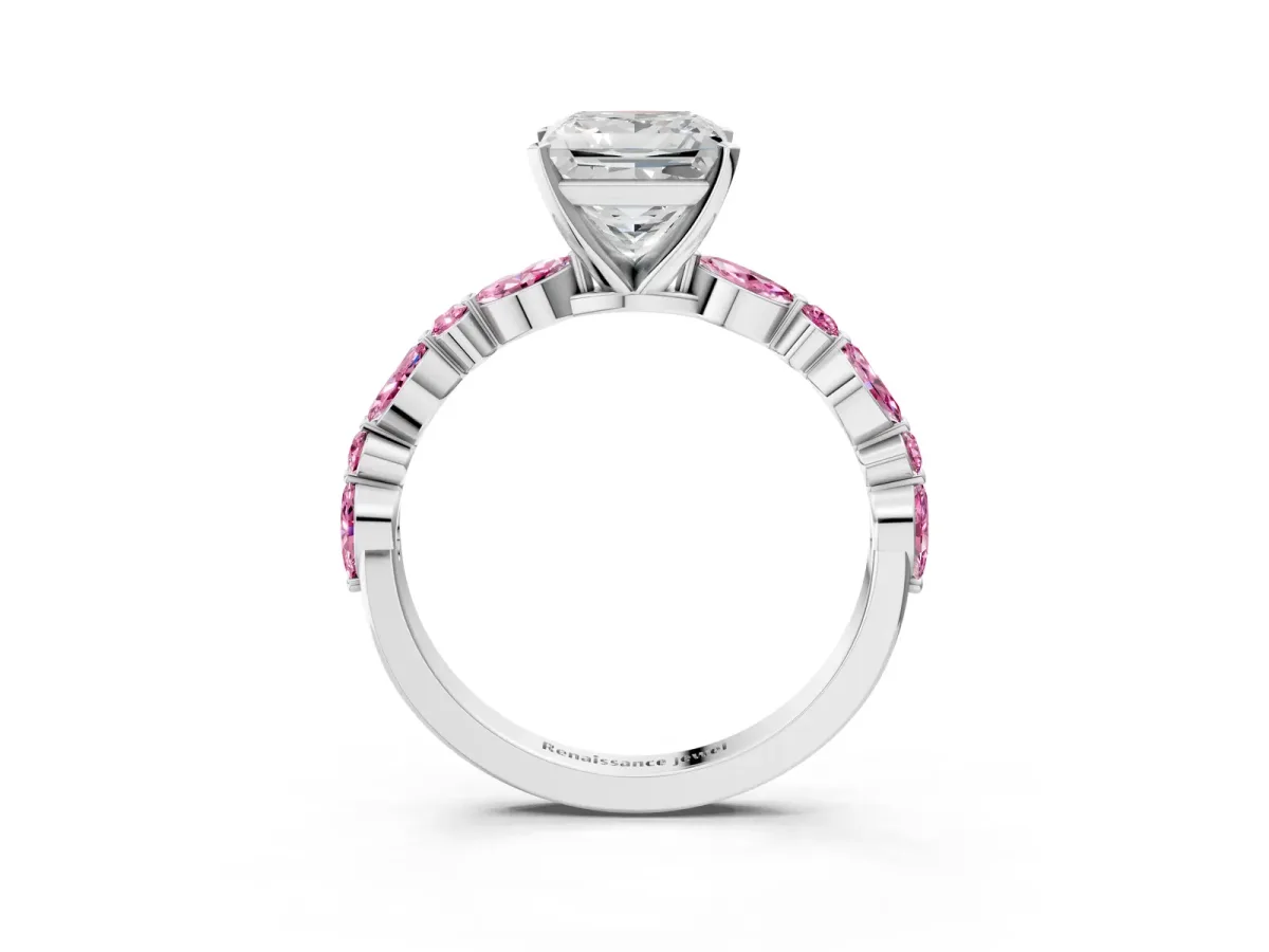 Princess Cut Diamond Ring with Marquise and Round Pink Sapphire Side Stones and Four-Prong Setting Silver