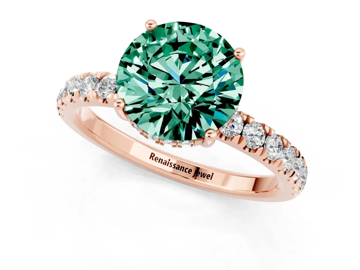 Round Cut Green Sapphire Pave Band Solitaire Ring with Round and Prong Setting Rose gold