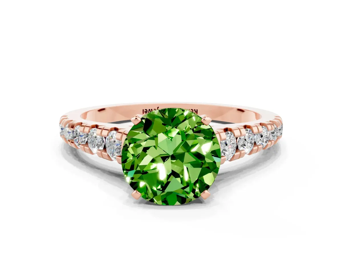 Round Cut Peridot Cathedral Solitaire Ring with Round Pavé Band Rose gold