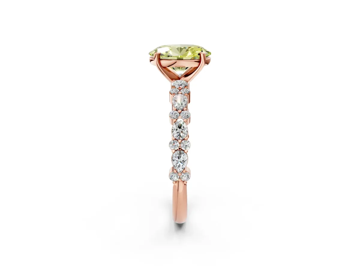 Fancy Yellow Oval Cut Diamond Side Stone Solitaire Ring with Round and Four-Prong Setting Rose gold