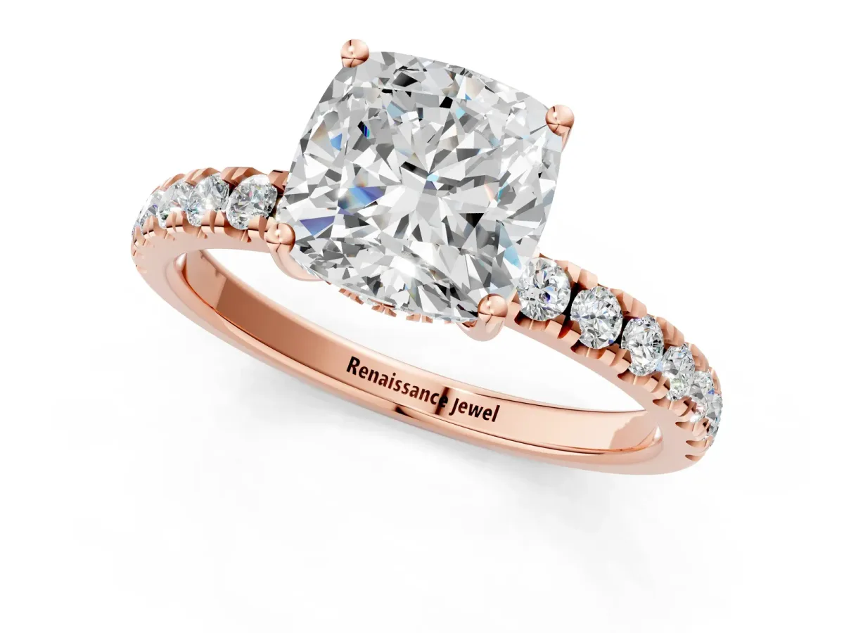 Cushion Cut Diamond Pave Band Solitaire Ring with Round Moissanite and Prong Setting Rose gold