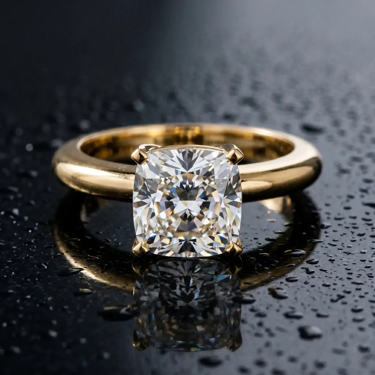 Cushion Cut Diamond Solitaire Engagement Ring with Round Band and Four-Prong Setting Yellow gold