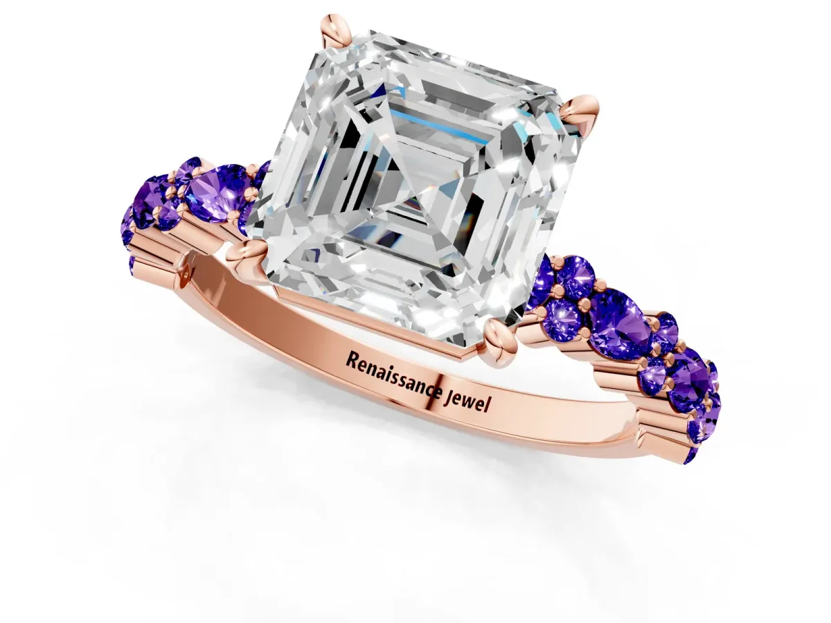Asscher Cut Diamond Side Stone Solitaire Ring with Round Tanzanite and Four-Prong Setting Rose gold