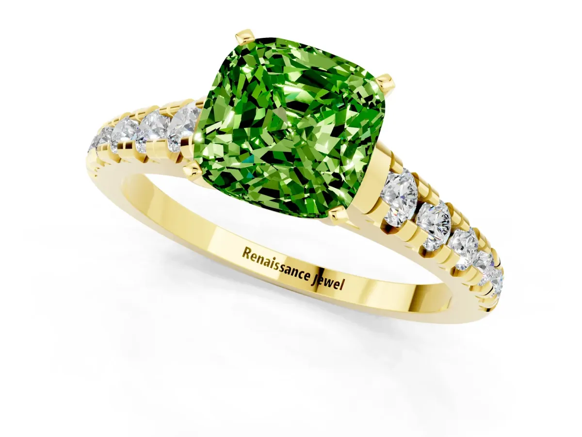 Cushion Cut Peridot Cathedral Solitaire Ring with Round Pavé Band Yellow gold