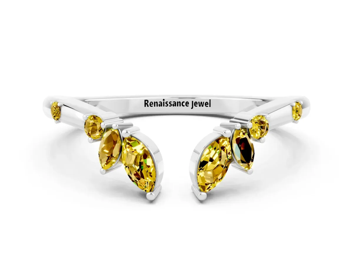 Open Marquise Cluster Yellow Sapphire Band with Prong Setting White gold