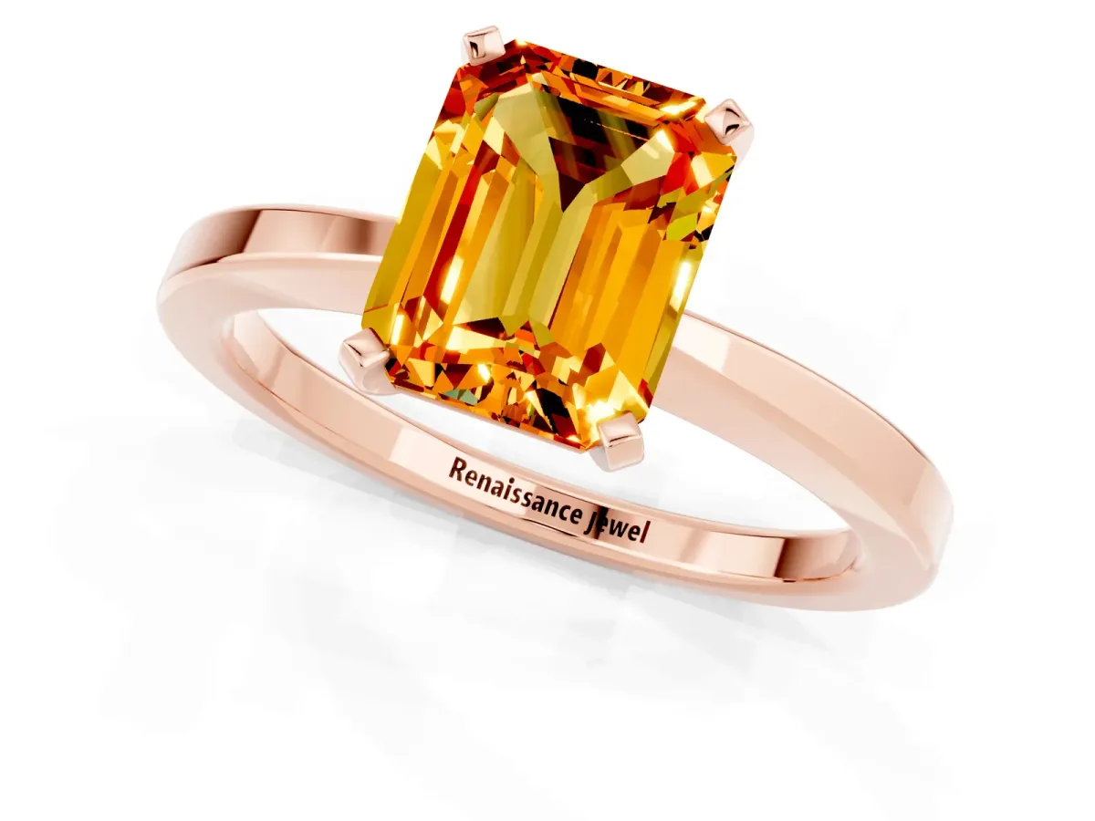 Emerald Cut Citrine Solitaire Engagement Ring with Classic Band and Four-Prong Setting Rose gold