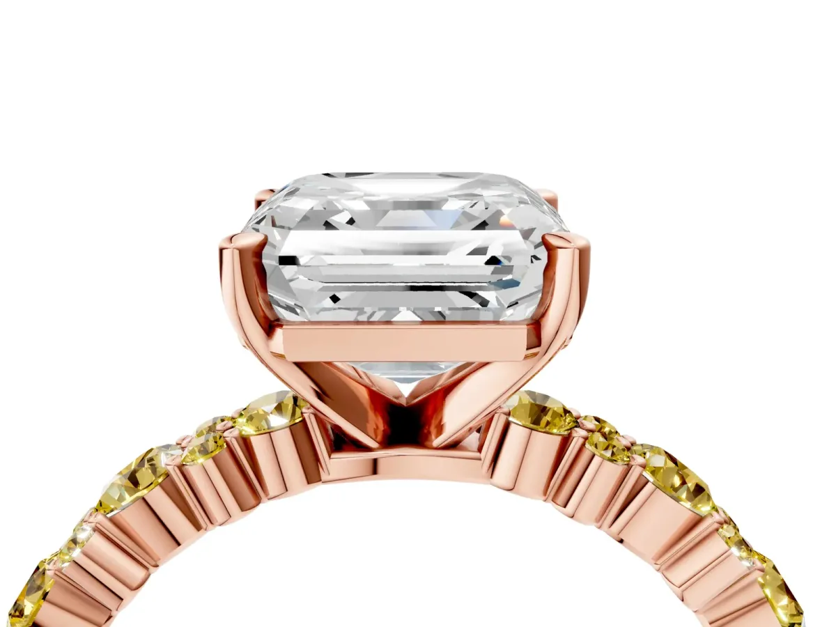 Asscher Cut Diamond Side Stone Solitaire Ring with Round Yellow Sapphire and Four-Prong Setting Rose gold