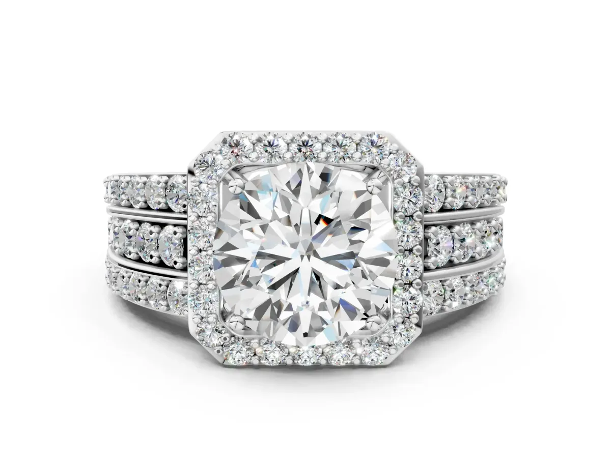 Round Cut Halo Diamond Ring with Round Split Shank and Prong Setting White gold