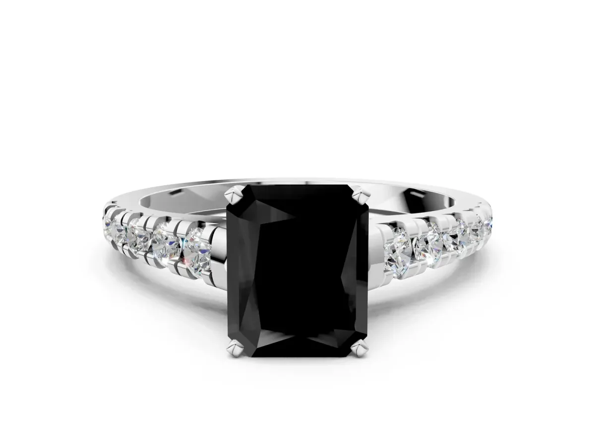 Fancy Black Radiant Cut Diamond Cathedral Solitaire Ring with Round Pavé Band Silver