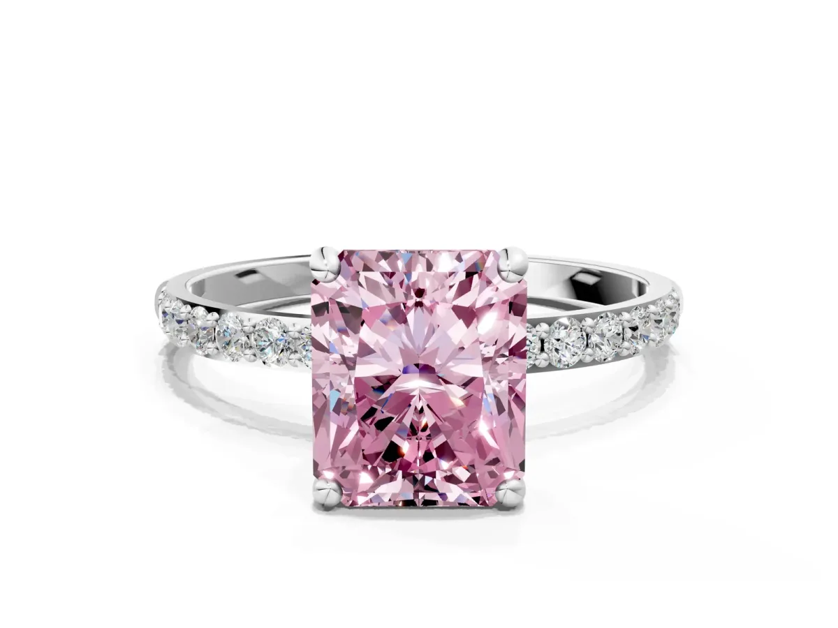 Fancy Pink Radiant Cut Diamond Solitaire Ring with Round Pavé Band and Prong Setting Silver
