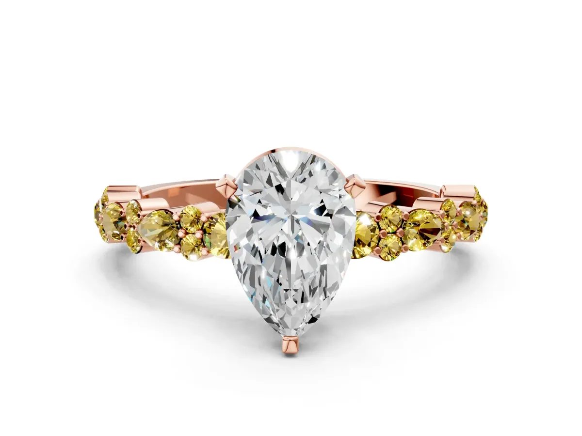 Pear Cut Diamond Side Stone Solitaire Ring with Round Yellow Sapphire and Four-Prong Setting Rose gold