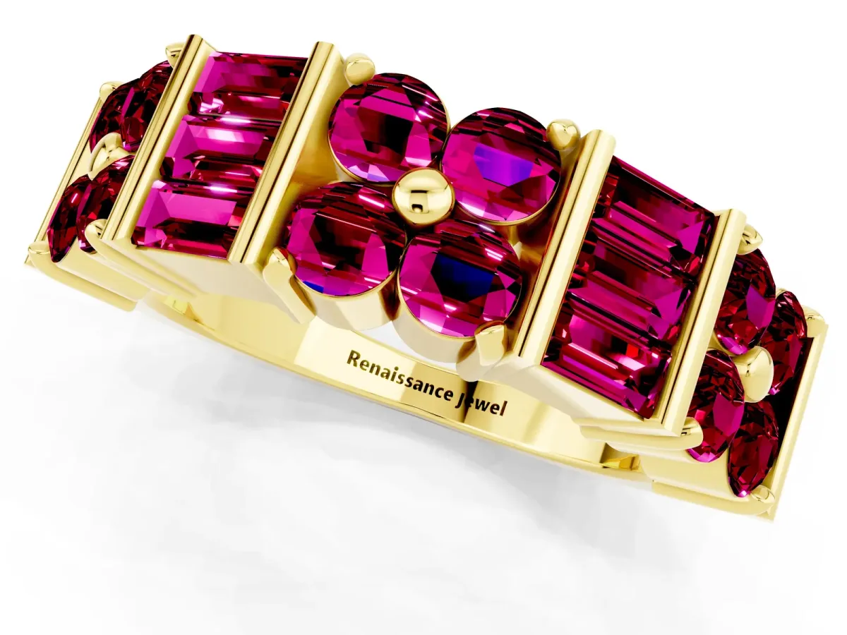 Channel Set Round and Baguette Garnet Anniversary Band with Prong Setting Yellow gold