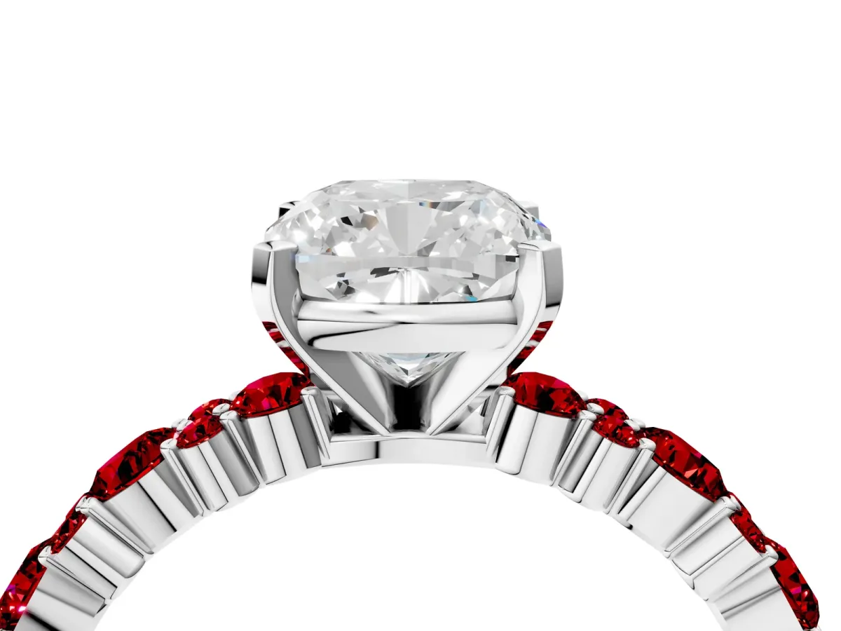 Cushion Cut Diamond Side Stone Solitaire Ring with Round Ruby and Four-Prong Setting Silver