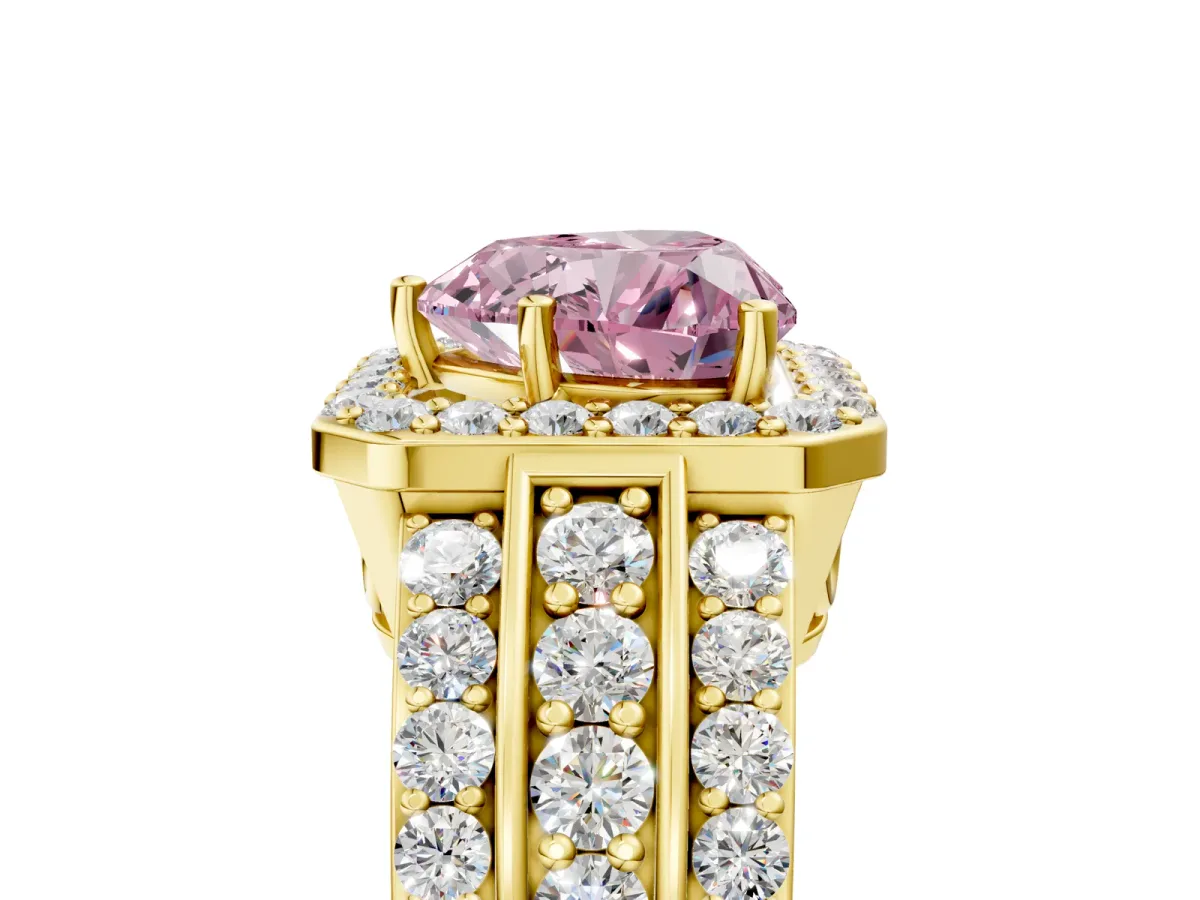 Fancy Pink Heart Cut Halo Diamond Ring with Round Split Shank and Prong Setting Yellow gold