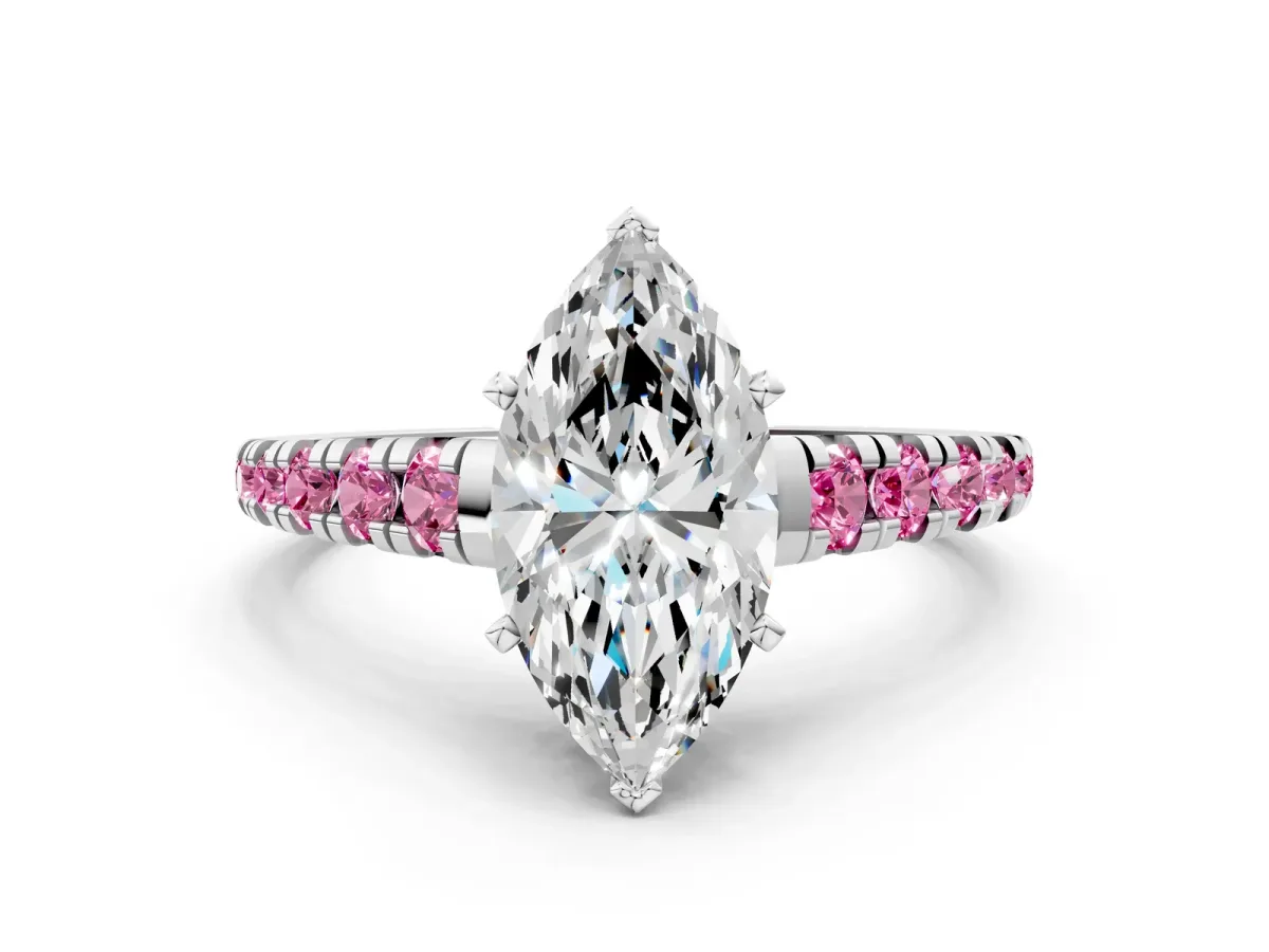 Marquise Cut Diamond Cathedral Solitaire Ring with Round Pink Sapphire Pavé Band Silver