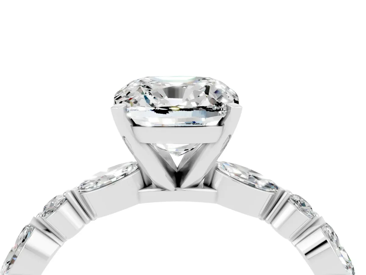 Cushion Cut Moissanite Ring with Marquise and Round Side Stones and Four-Prong Setting Silver