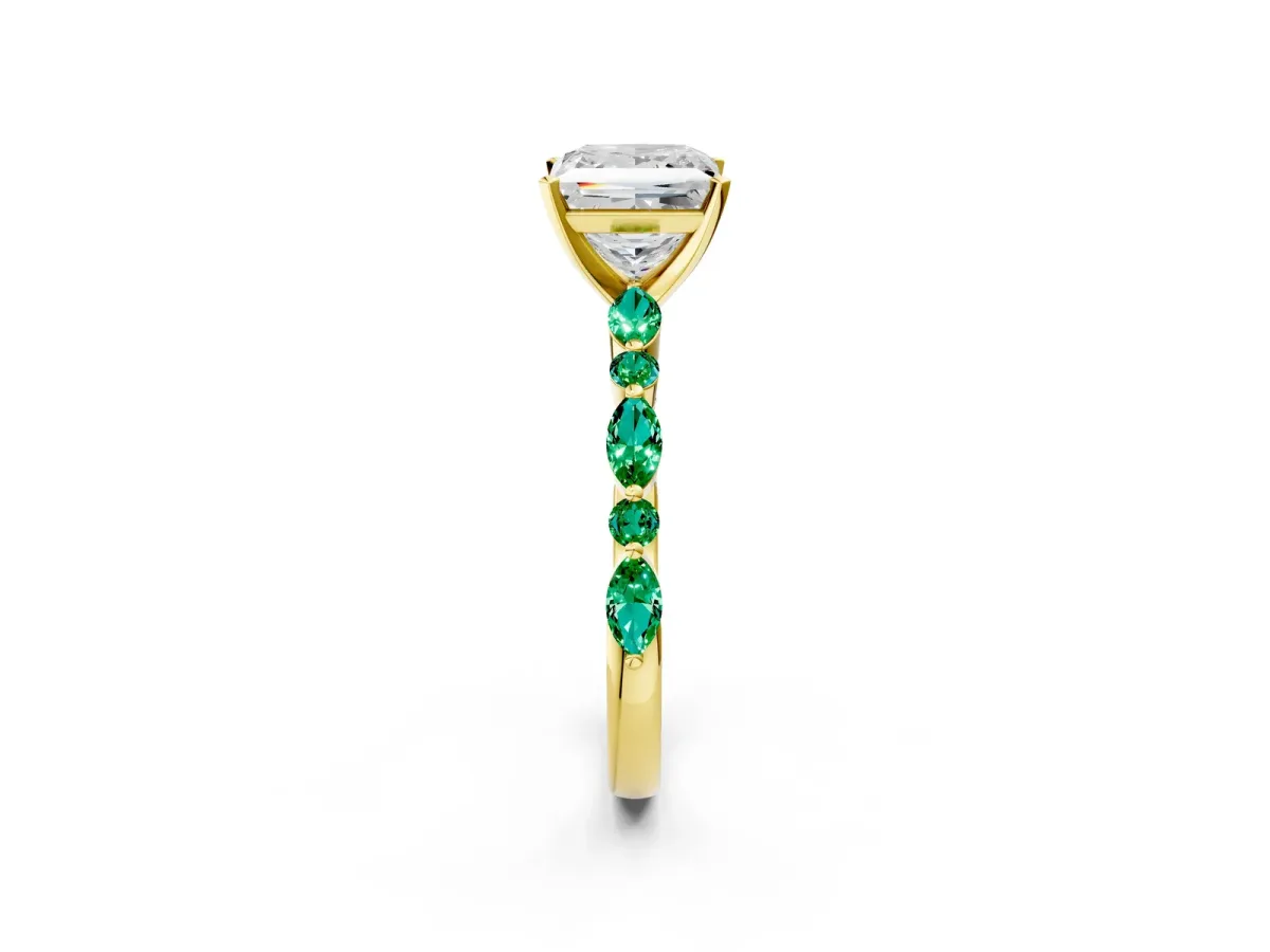 Princess Cut Diamond Ring with Marquise and Round Emerald Side Stones and Four-Prong Setting Yellow gold