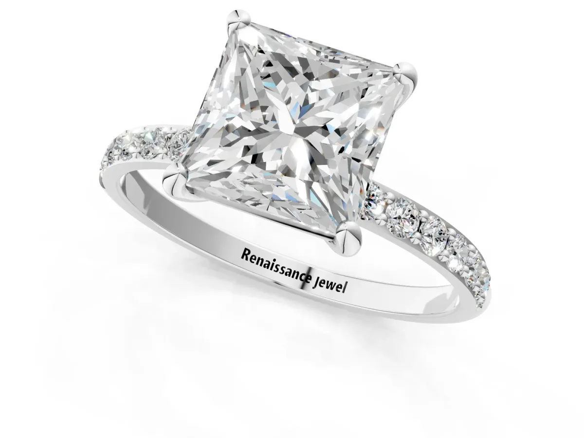 Princess Cut Diamond Solitaire Ring with Round Pavé Band and Prong Setting Platinum