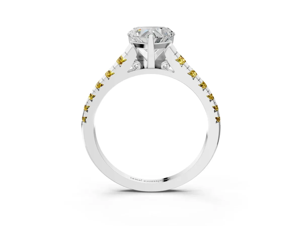 Heart Cut Diamond Cathedral Solitaire Ring with Round Yellow Sapphire Pavé Band Silver